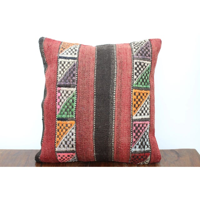 This Turkish pillow cover is made from the highest quality Vintage Kilim in 100% wool on the front. The back is covered in...