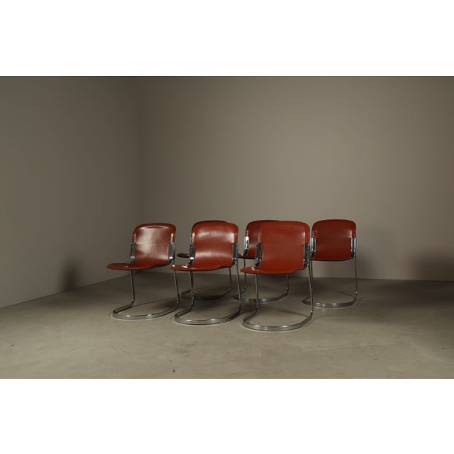 Leather Brick Red-Colored Cantilever Dining Chairs, Italy, 1970s, Set of 6 For Sale - Image 6 of 16