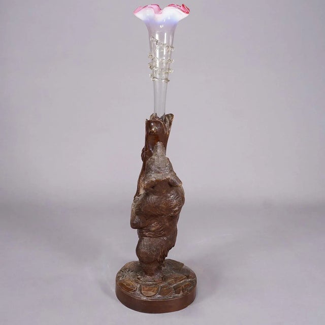 Wood A Wooden Carved Black Forest Bear With Glass Vase Ca. 1900s For Sale - Image 7 of 10