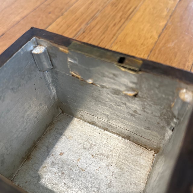 Wood Antique Wooden Inlaid Tea Caddy / Lock Box Small Lid, Lined For Sale - Image 7 of 11
