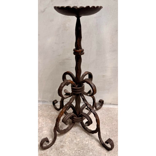 Bronze Vintage Spanish Revival Wrought Iron Hand-Forged Spiral Candlestick For Sale - Image 8 of 12