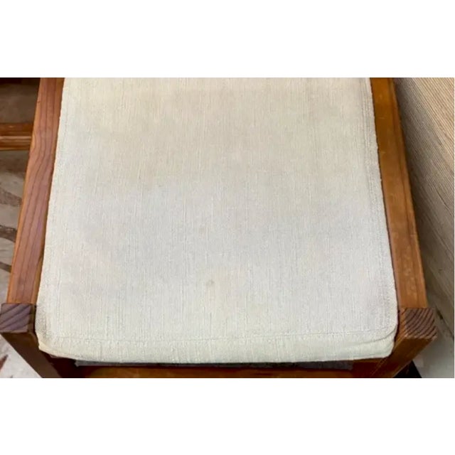 Mid Century Angular Scandinavian D Scan Style Wood Dining Chairs With Thick Linen Upholstery For Sale - Image 11 of 12