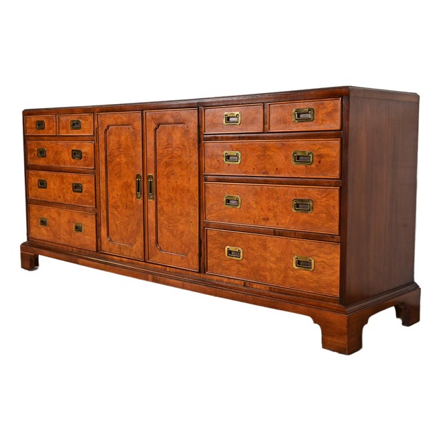 Century Furniture Mid-Century Hollywood Regency Campaign Burl Wood Triple Dresser or Credenza, Circa 1970s For Sale