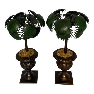 Vintage Hollywood Regency Tole Palm Tree Topiary - a Pair For Sale