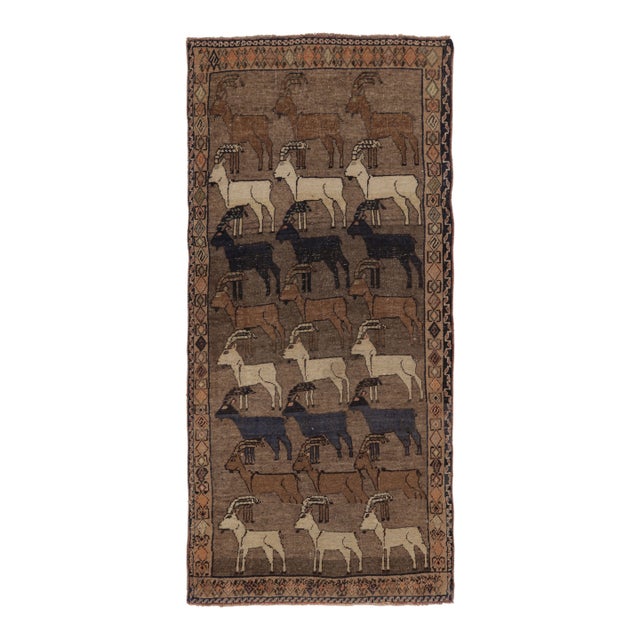 Vintage Persian Gabbeh Runner in Brown With Ibex Pictorials - Rug & Kilim For Sale