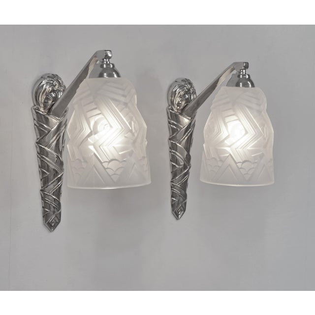 Charles Schneider A beautiful pair of 1925-1930 French art deco wall sconces in nickel on cast solid brass or bronze...