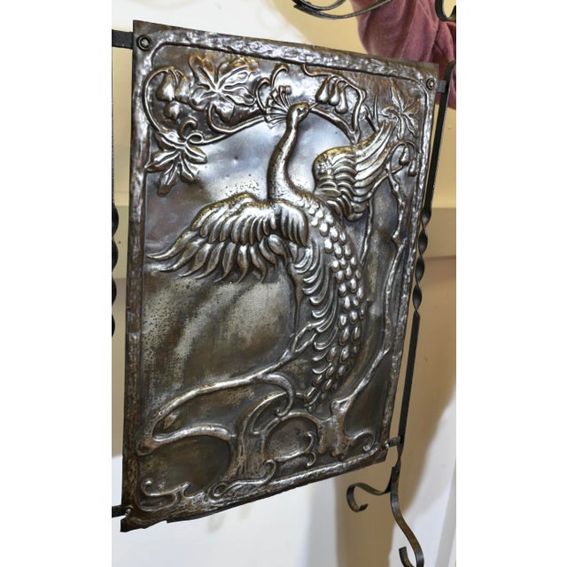 Arts and Crafts Peacock Polished Iron Fire Screen For Sale - Image 6 of 6