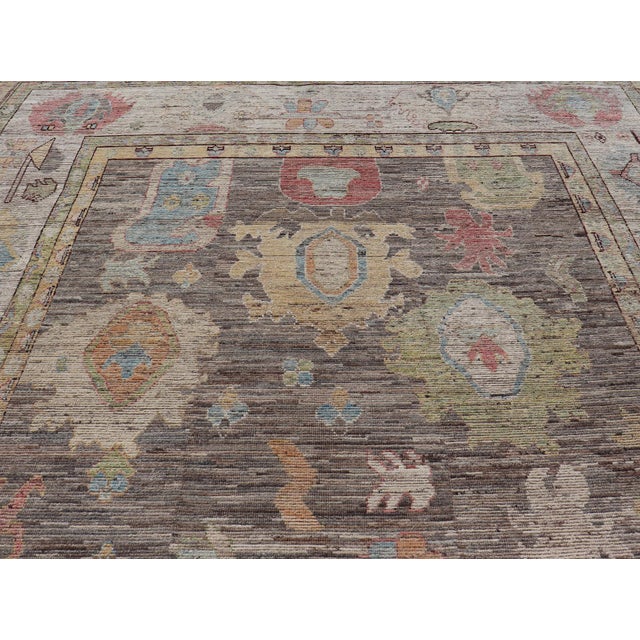 Large Floral Designed Modern Oushak on a Brown-Gray Field and Cream Border For Sale In Atlanta - Image 6 of 12