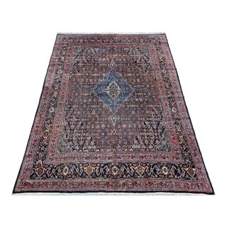 Early 1900s Persian Bibikabad Rug, Hand-Knotted Herati Geometric Pattern, Rust Red & Blue, 9’ X 12’ For Sale