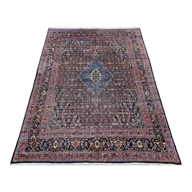 Early 1900s Persian Bibikabad Rug, Hand-Knotted Herati Geometric Pattern, Rust Red & Blue, 9’ X 12’ For Sale