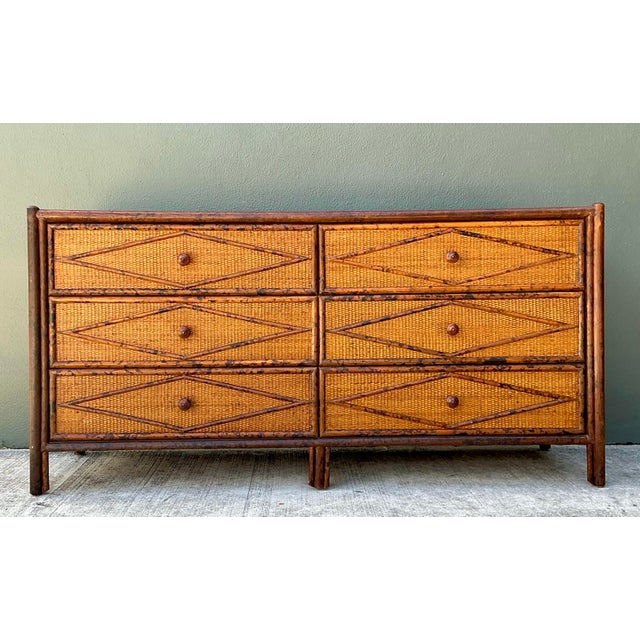 Vintage Diamond Rattan and Wood Six-Drawer Dresser For Sale - Image 11 of 12