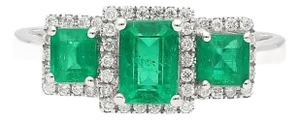 1.03 Carat Emerald and Diamond 3-Stone Ring in 18k White Gold Setting Size 7.5