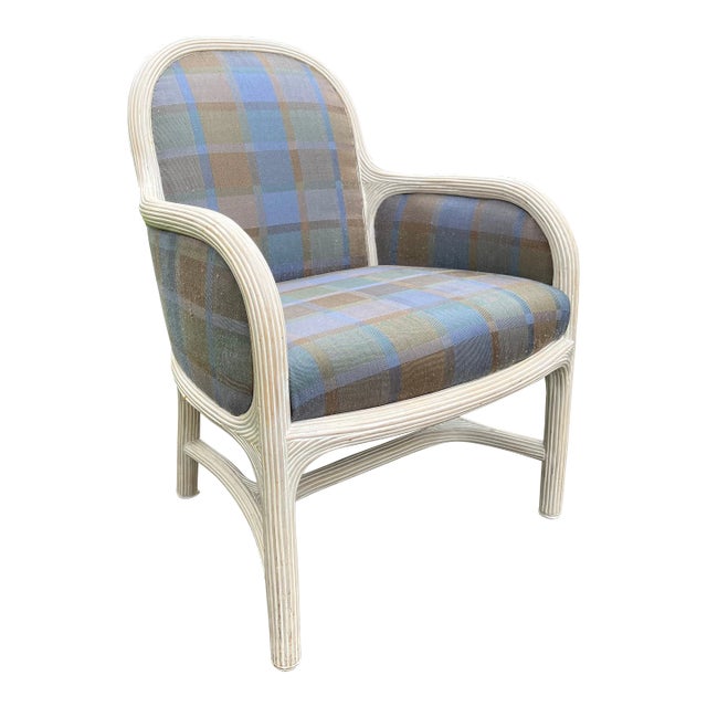 1980s Vintage Reeded Rattan Upholstered Armchair For Sale