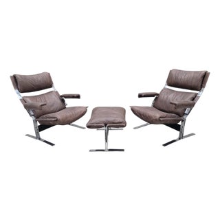 Mid Century Modern Brown Leather and Chromium Lounge Chairs and Ottoman Attributed to Richard Hersberger For Sale