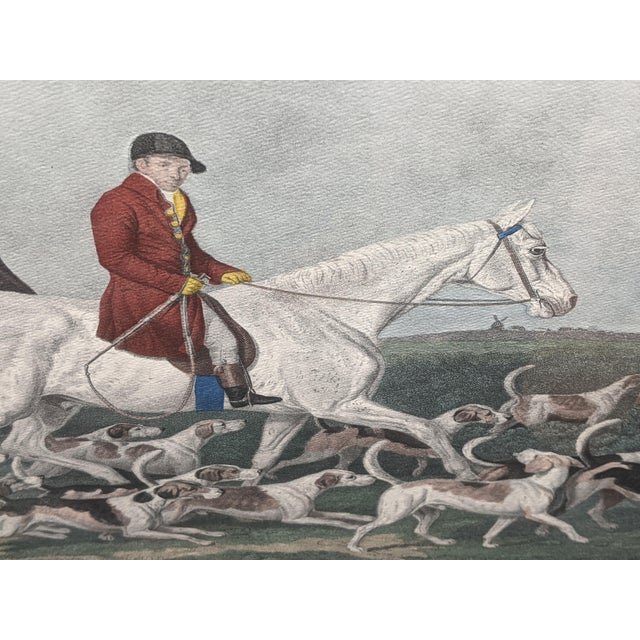 Large Vintage “The Earl of Derby’s Stag Hounds” Equestrian Artwork, Custom Framed Blue, Cream, Red For Sale - Image 4 of 18