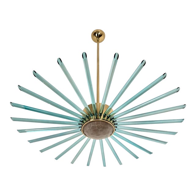 1980s Green Glass and Brass Sputnik Chandelier, Italy, Mid Century Modern For Sale