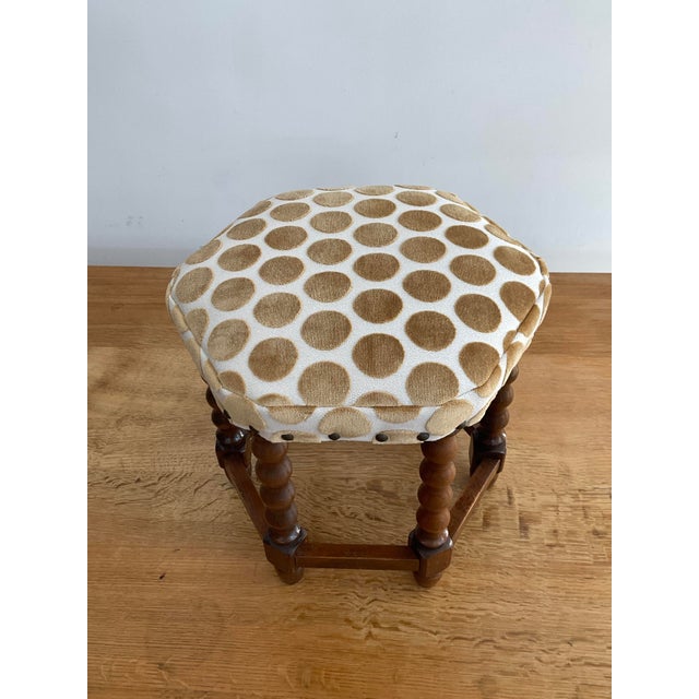 Mid-Century Modern Charming Mid 20th Century Danish Spool Leg Stool in Polka Dot Velvet For Sale - Image 3 of 10