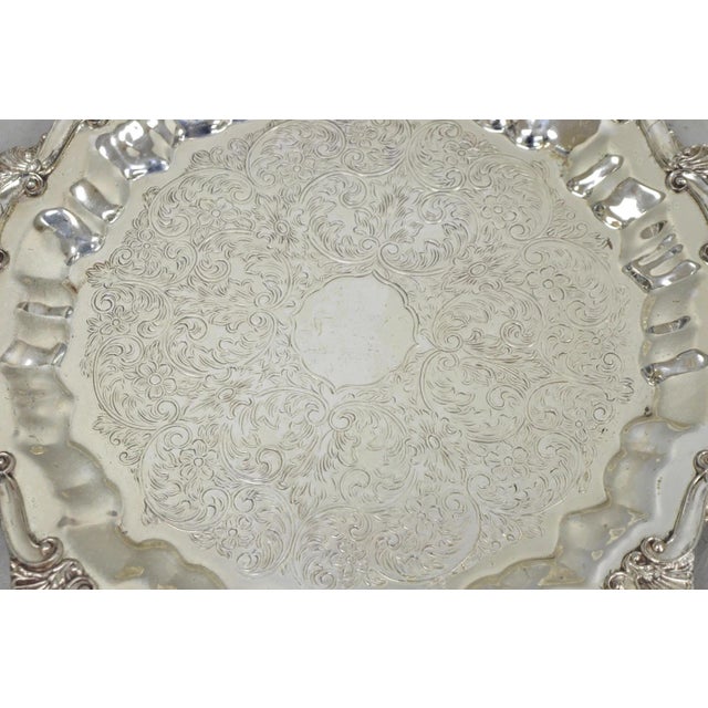 Victorian Vintage Victorian Silver Plated Round Scalloped Twin Handle Bar Serving Tray For Sale - Image 3 of 17