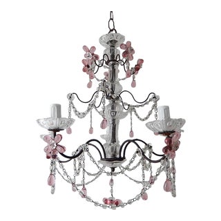 French Pink Amethyst Crystal Flowers Murano Glass Chandelier Circa 1920 For Sale