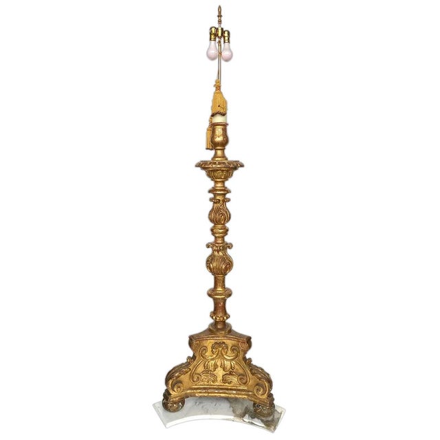 Baroque Large Spanish Baroque Giltwood and Marble Torchiere Two-Light Floor Lamp For Sale - Image 3 of 17