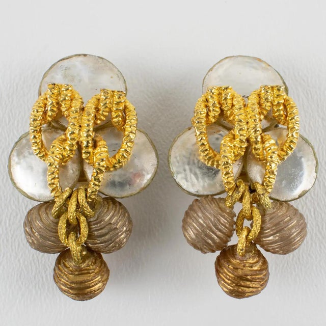 Monique Vedie, Line Vautrin School Golden Talosel Resin Clip Earrings For Sale - Image 4 of 9