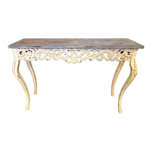 Carved Wood Console Table With Distressed Finish and Driftwood-Look Top
