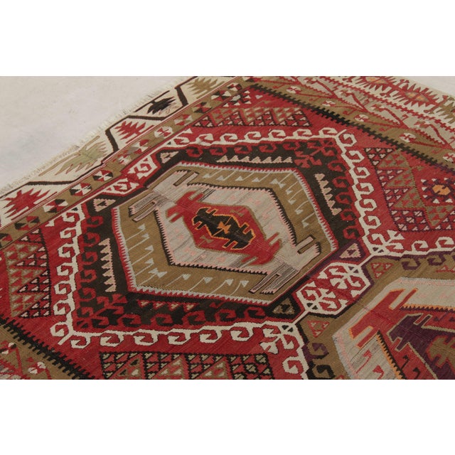 Handwoven Vintage Turkish Kayseri Kilim Rug, Red, Beige-Brown Geometric Pattern For Sale In New York - Image 6 of 8