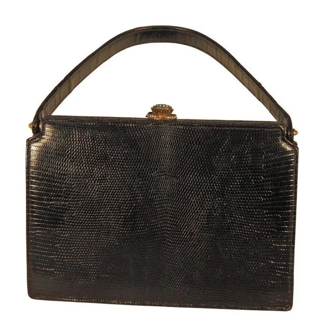 Art Deco Vintage Koret Black Evening Lizard Purse For Sale - Image 3 of 12