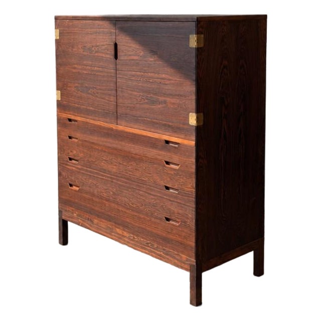 Vintage 1960s Danish Mid-Century Rosewood Brass Hinge High Chest by Svend Langkilde For Sale