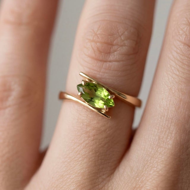Contemporary Natural Peridot Stackable Ring | August Birthstone Minimalist Ring | Dainty Gemstone Bypass Ring Us 7 For Sale - Image 3 of 3
