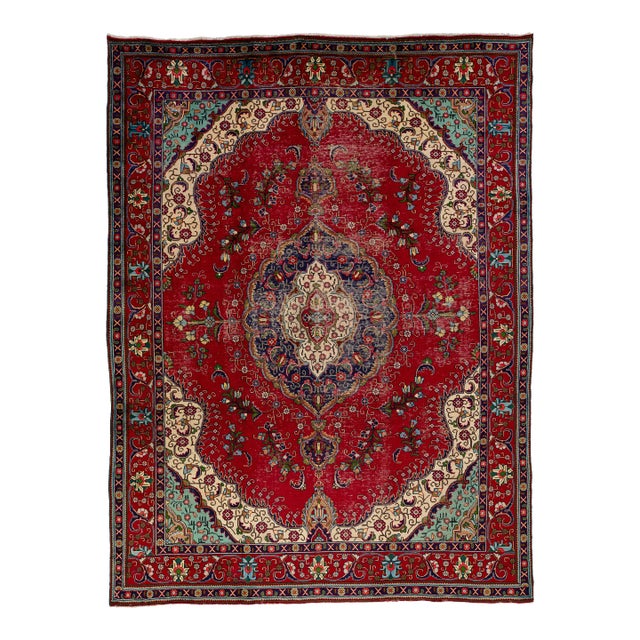 1960s Medallion Vintage Tabriz Handmade Wool Rug in Red For Sale