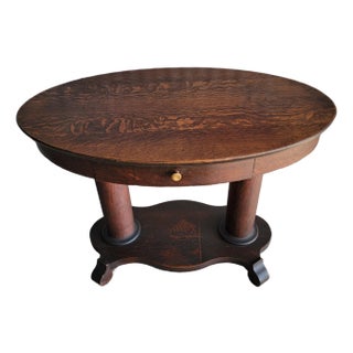 Antique Oval Library Table Tiger Oak With Column Base Circa. 1890 For Sale