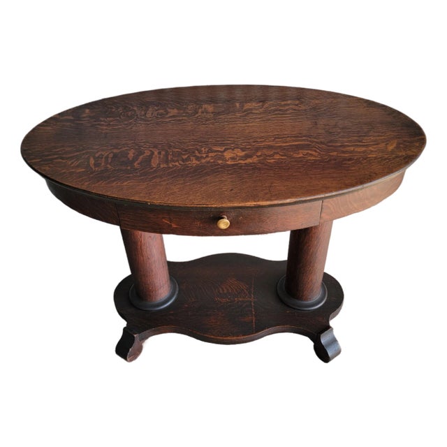Antique Oval Library Table Tiger Oak With Column Base Circa. 1890 For Sale
