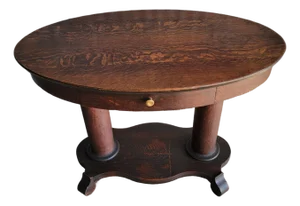 Oval Library Table Tiger Oak With Column Base Circa. 1890