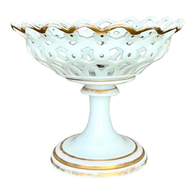 Vintage Regency Reticulated Pierced Porcelain Compote For Sale