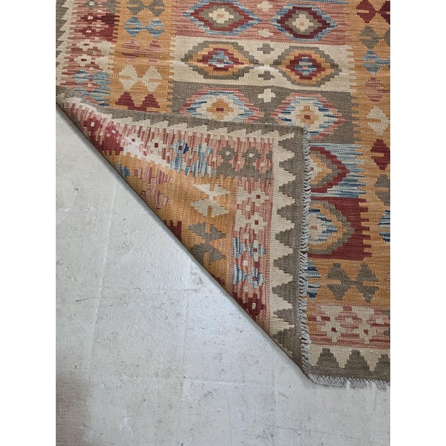 Boho Chic Vintage 1970s Afghan Maimana Kilim Rug – Rust, Mustard Gold, Burgundy & Dusty Blue – 4’ X 6’ For Sale - Image 3 of 6