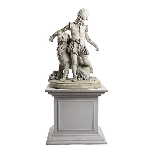 Signed Antique French Plaster Sculpture, a Renaissance Boy and His Dog, C. 1880 For Sale