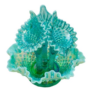 Vintage Fenton Hobnail Opalescent Sea Green Turquoise 3 Horn Epergne For Sale