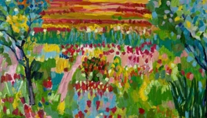 Contemporary Expressive and Vibrant Oil Painting on Linen of Gardenscape by Tiffany Stronsky