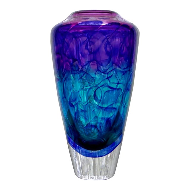 Joseph Nielander Water Veil Art Glass Vase – Amethyst Teal Cobalt Sculptural Studio Glass For Sale