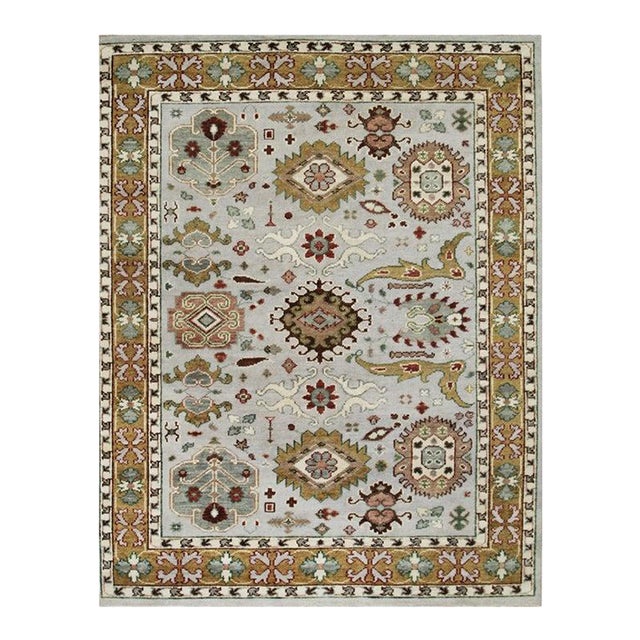 8x10 Gray Hand-Knotted Wool Botanical Accent Border Geometric Modern Carpet Rug For Sale