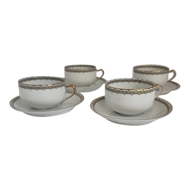 1910s Haviland Limoges Tea Coffee Cups, Gold and Black Greek Key - Set of 4 For Sale