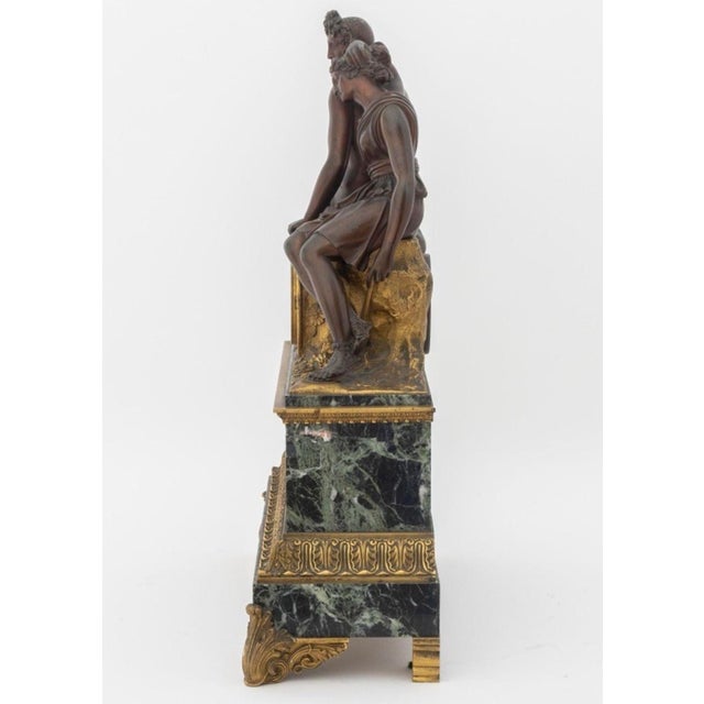 Bronze French Empire Patinated & Gilt Bronze Apollo & Diana Figural Mantel Clock, Verde Antico Marble, C. 1830 For Sale - Image 8 of 10
