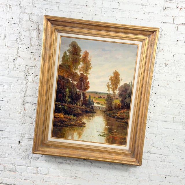Magnificent vintage monumental oil on canvas landscape painting in an ornate gilded wood frame signed by Henry Kim....
