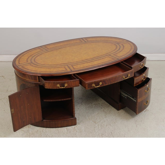 1990s Maitland Smith Leather Top Oval Partners Desk For Sale - Image 5 of 18