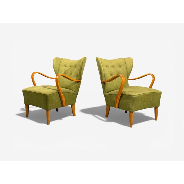 1940s Swedish Modern, Lounge Chairs, Elm, Green Fabric, Sweden, 1930s For Sale - Image 5 of 10