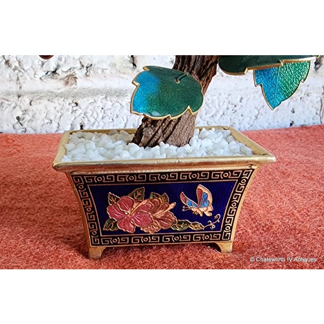 Chinese Vintage Chinese Cloisonné Guilloche Enamel Bonsai Tree in Decorative Brass Pot For Sale - Image 3 of 9