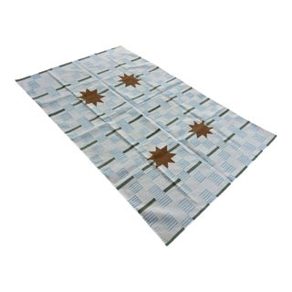 Handmade Cotton Vegetable Dyed Area Rug, White, Sky Blue, Sage Green Star Dash Striped Dhurrie-5'x8' For Sale