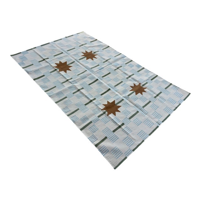 Handmade Cotton Vegetable Dyed Area Rug, White, Sky Blue, Sage Green Star Dash Striped Dhurrie-5'x8' For Sale