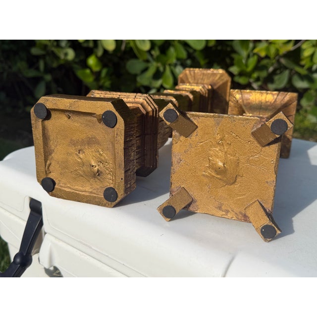 Vintage Brutalist Gilt Faux Bois Sculptural Candleholders, Graduated Pair For Sale - Image 10 of 12